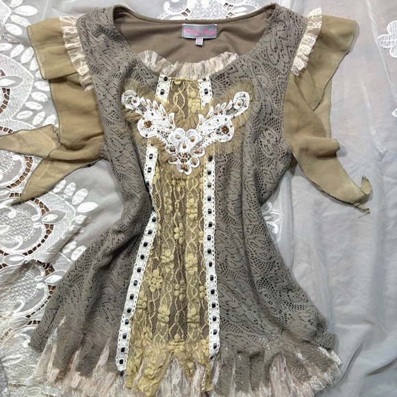 Pretty Angel Tops - Y2K Pretty Angel Boho Lace Beaded Top Olive Taupe XL Linen Blend Cottagecore